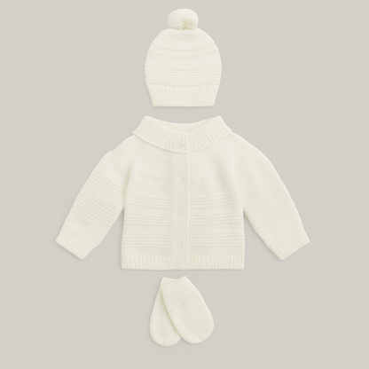 Kit 3 peças Bebê Casaco Tricot Gorro E Luva Off White